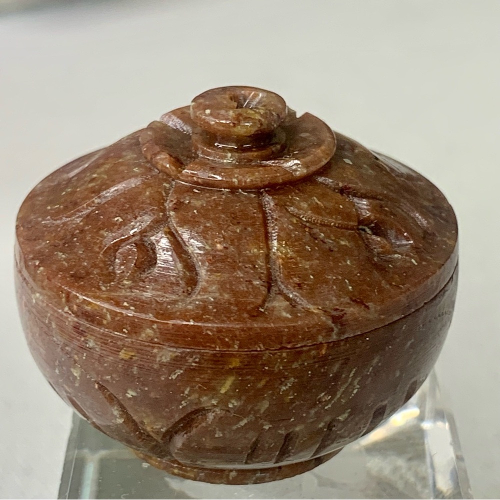 Brown Soapstone Hand Carved Lidded Trinket Box Miniature Round Dome Lid 1.6" VTG - Picture 8 of 16